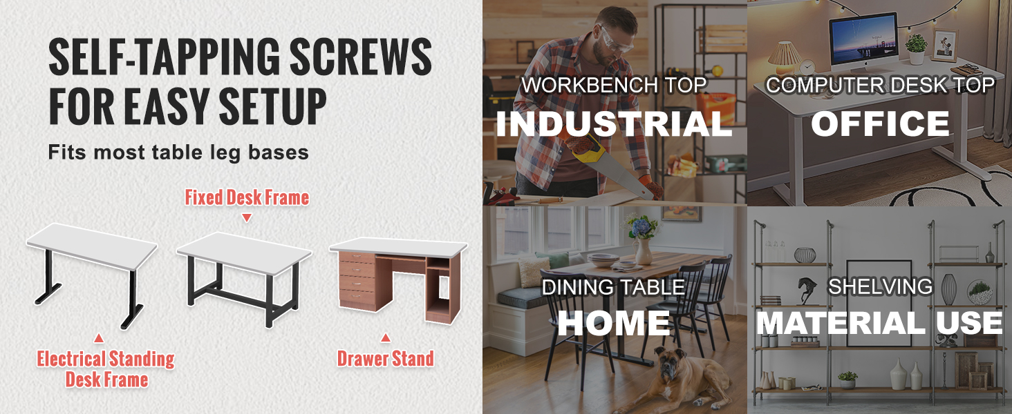 self-tapping screws for easy setup on VEVOR standing desk countertop, fits various desk frames and home uses.
