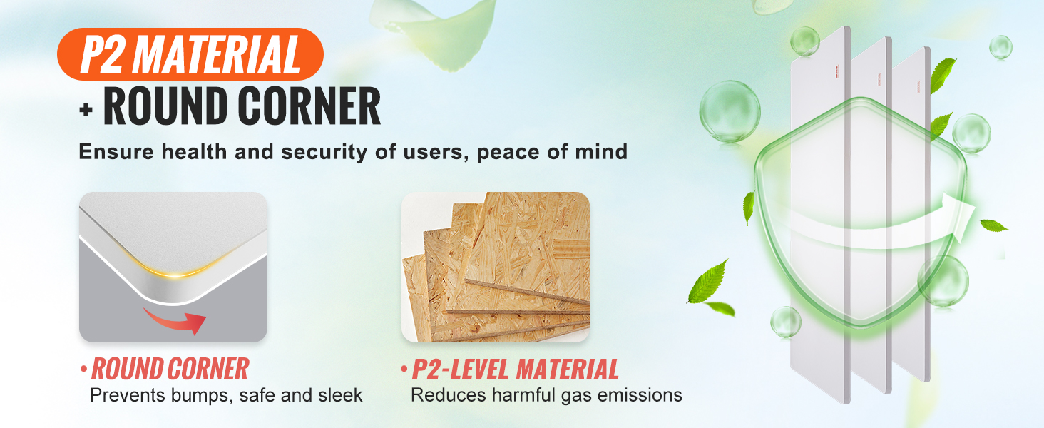 p2 material with round corner VEVOR standing desk countertop ensures safety, reduces harmful emissions.