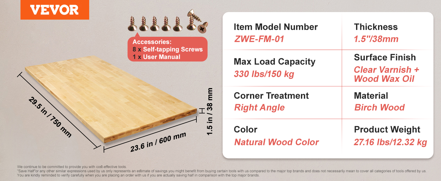 VEVOR wood table top, birch wood, 29.5x23.6 in., natural wood color, max load 330 lbs, thickness 1.5 in.