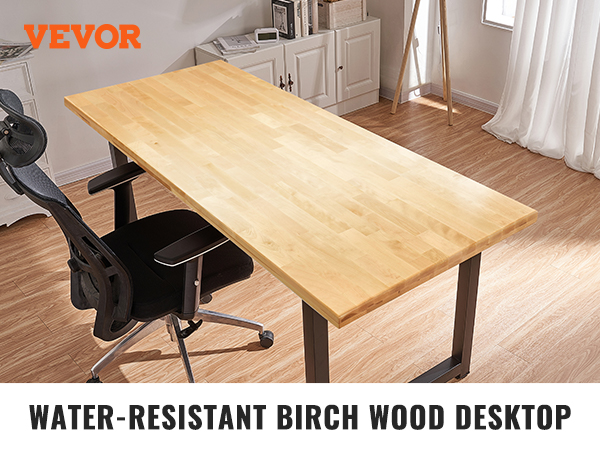 VEVOR wood table top shown as a sturdy and durable, water-resistant birch wood desktop with attractive grain.