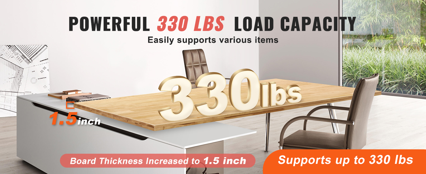 VEVOR wood table top with 1.5-inch thickness, supports up to 330 lbs capacity, ideal for various items.