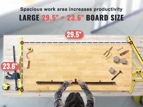 VEVOR wood table top, spacious 29.5" x 23.6", enhancing productivity with various tools on display.