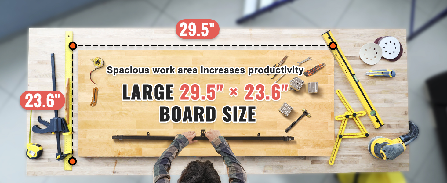 VEVOR wood table top, spacious 29.5" x 23.6", enhancing productivity with various tools on display.