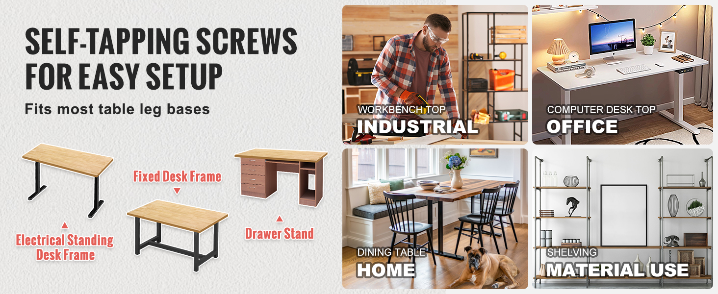 self-tapping screws for easy setup, compatible with VEVOR wood table top for home, office, industrial use.