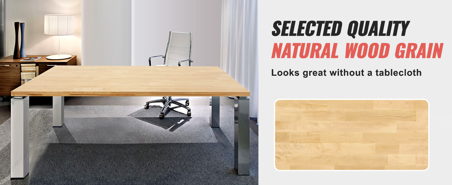 modern office with a VEVOR wood table top, featuring natural wood grain, a swivel chair, and minimalist decor.
