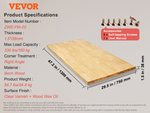 VEVOR wood table top, 1200 x 750 mm, birch, natural wood color, clear varnish, 1.5 inch thick.