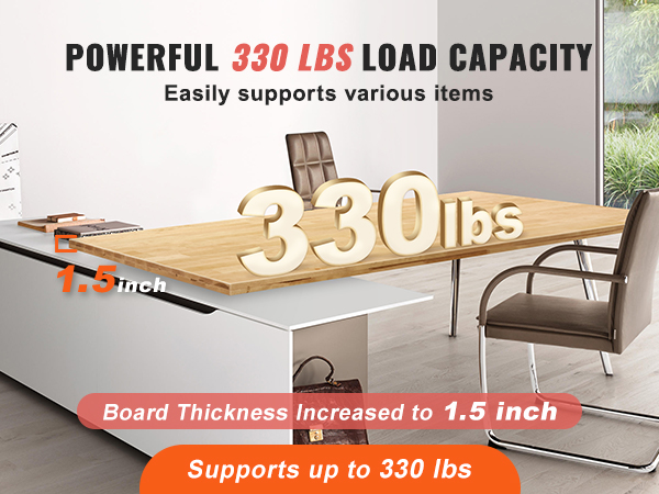 VEVOR wood table top with 1.5-inch thickness, 330 lbs load capacity, office setting, supports various items.