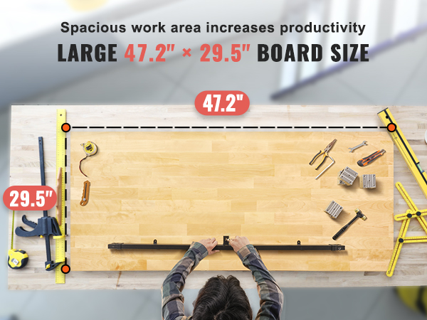 VEVOR wood table top with large 47.2" x 29.5" board size, tools, and workspace dimensions.