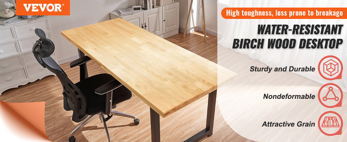 VEVOR wood table top with water-resistant birch wood, black legs, and ergonomic black chair.