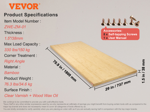 VEVOR bamboo table top with dimensions 70.9"x29"x1.5", natural bamboo color, clear varnish finish.