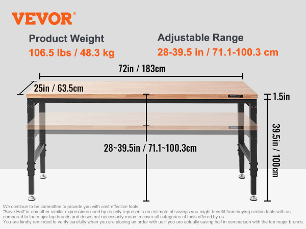 VEVOR workbench shfgm7225, 72 inches, adjustable height, with accessories set.