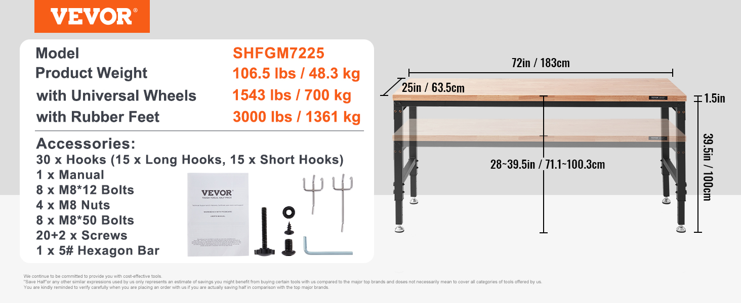 VEVOR workbench shfgm7225, 72 inches, adjustable height, with accessories set.