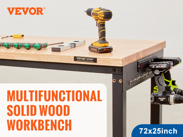VEVOR adjustable workbench with tools, solid wood top, height adjustable, and stable structure. 72x25 inch.