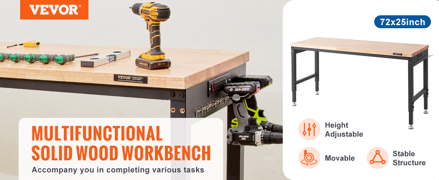 VEVOR adjustable workbench with tools, solid wood top, height adjustable, and stable structure. 72x25 inch.