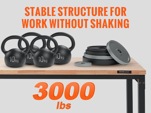 VEVOR adjustable workbench with solid oak desktop, 3000 lbs load capacity, and sturdy steel frame.