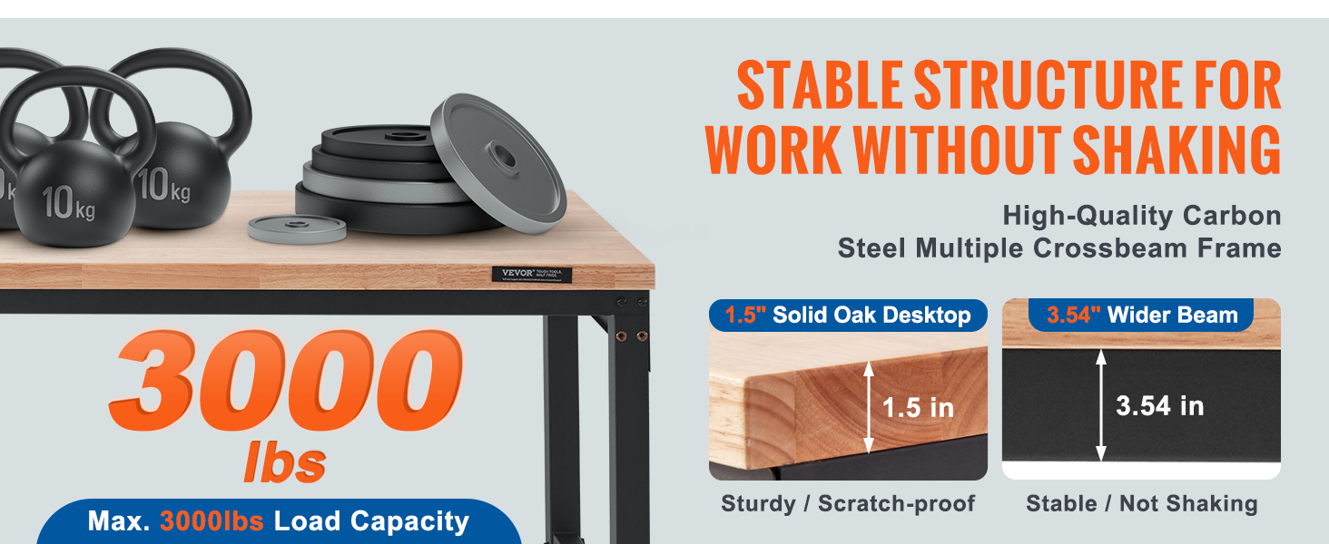 VEVOR adjustable workbench with solid oak desktop, 3000 lbs load capacity, and sturdy steel frame.