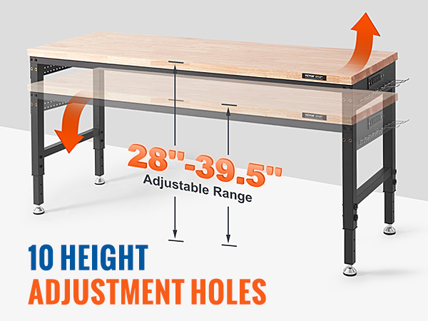 VEVOR adjustable workbench with 10 height adjustment holes from 28" to 39.5" and a 25" wide surface.