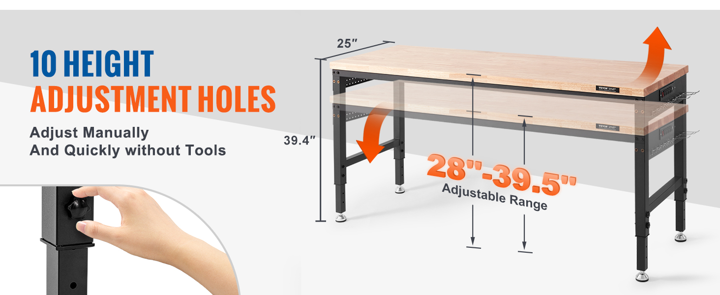 VEVOR adjustable workbench with 10 height adjustment holes from 28" to 39.5" and a 25" wide surface.