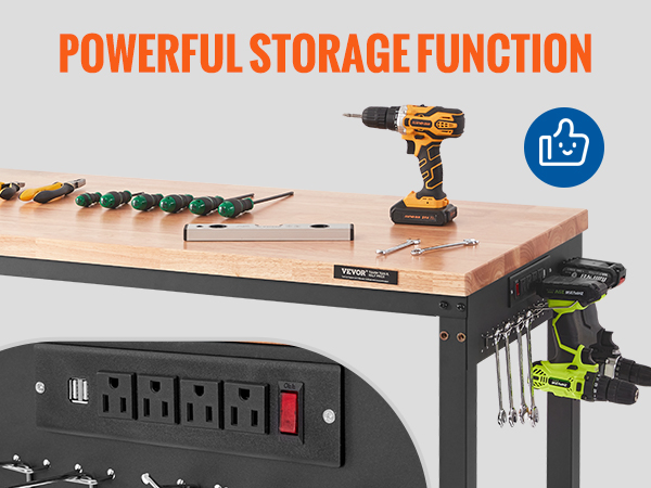 VEVOR adjustable workbench with tools neatly arranged, built-in sockets, nail plates, and hooks for storage.