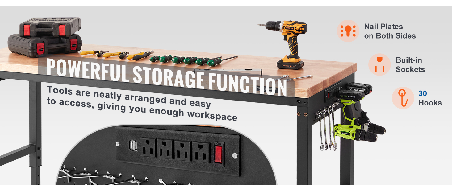 VEVOR adjustable workbench with tools neatly arranged, built-in sockets, nail plates, and hooks for storage.