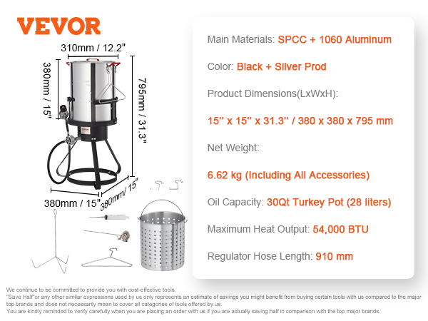 VEVOR turkey fryer, 30qt capacity, black and silver, with accessories, dimensions 380x380x795mm.