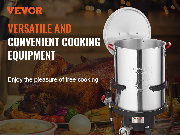 VEVOR turkey fryer with cooked turkey, vegetables, and festive table setup in the background.