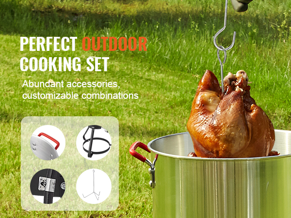 VEVOR turkey fryer set in use outdoors, showcasing a cooked turkey being lifted from a cooking pot.