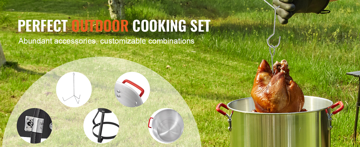 VEVOR turkey fryer set in use outdoors, showcasing a cooked turkey being lifted from a cooking pot.