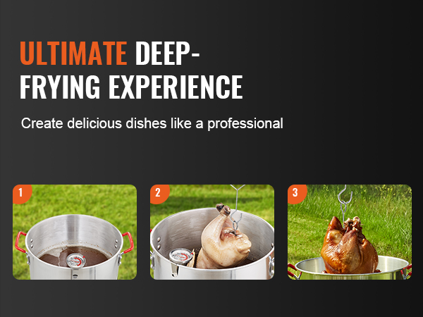 ultimate deep-frying experience using VEVOR turkey fryer steps: heating oil, lowering turkey, finished turkey.