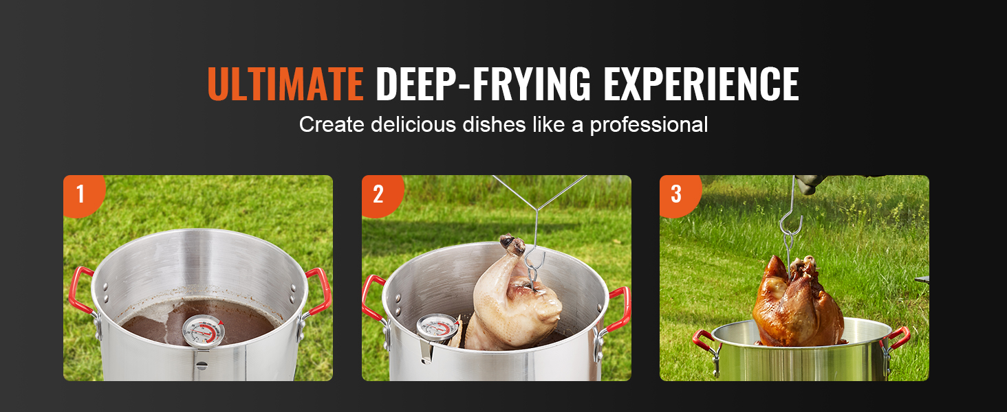 ultimate deep-frying experience using VEVOR turkey fryer steps: heating oil, lowering turkey, finished turkey.