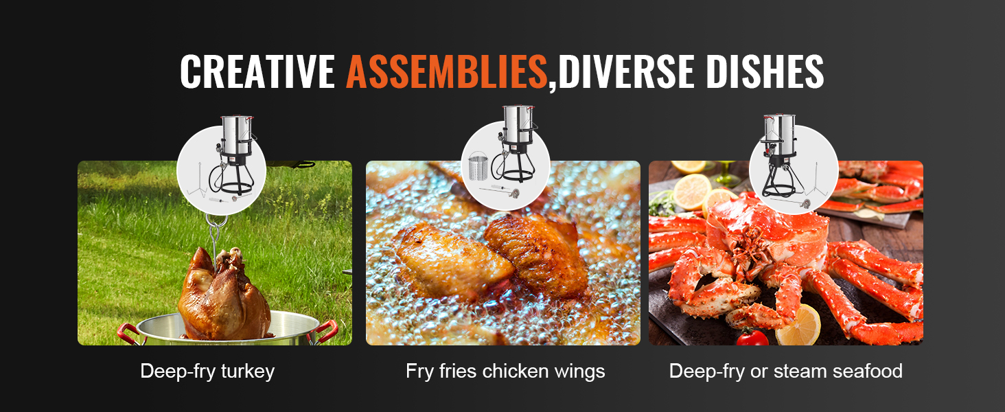 creative assemblies for VEVOR turkey fryer: fry turkey, chicken wings, or steam seafood.