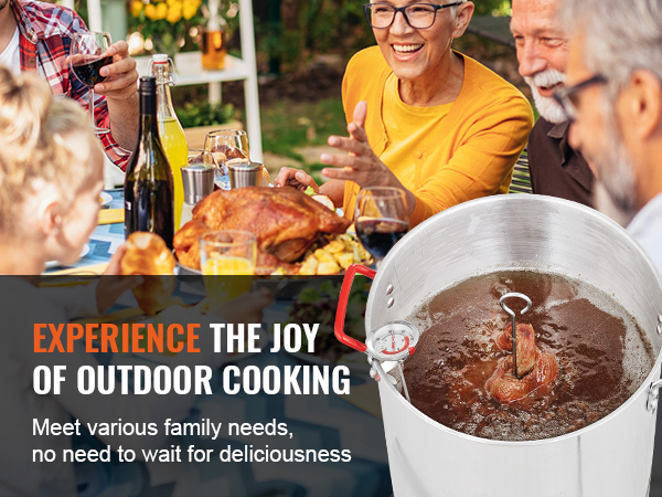VEVOR turkey fryer in action at an outdoor family gathering, showcasing joyful outdoor cooking.