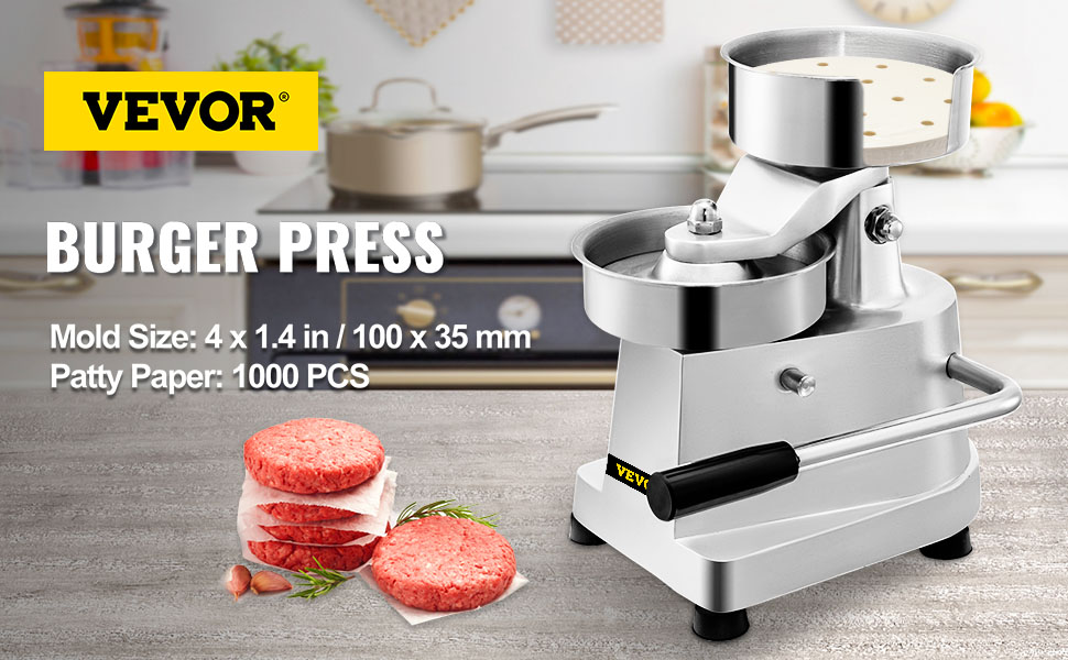 VEVOR hamburger patty maker: stainless steel burger press and patties on a kitchen counter.