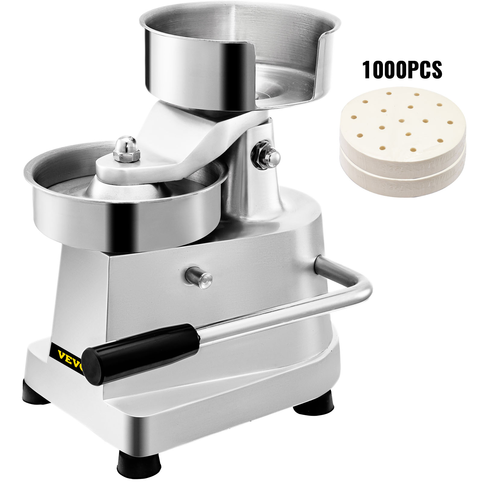VEVOR burger press with stack of 1000pcs patty papers.
