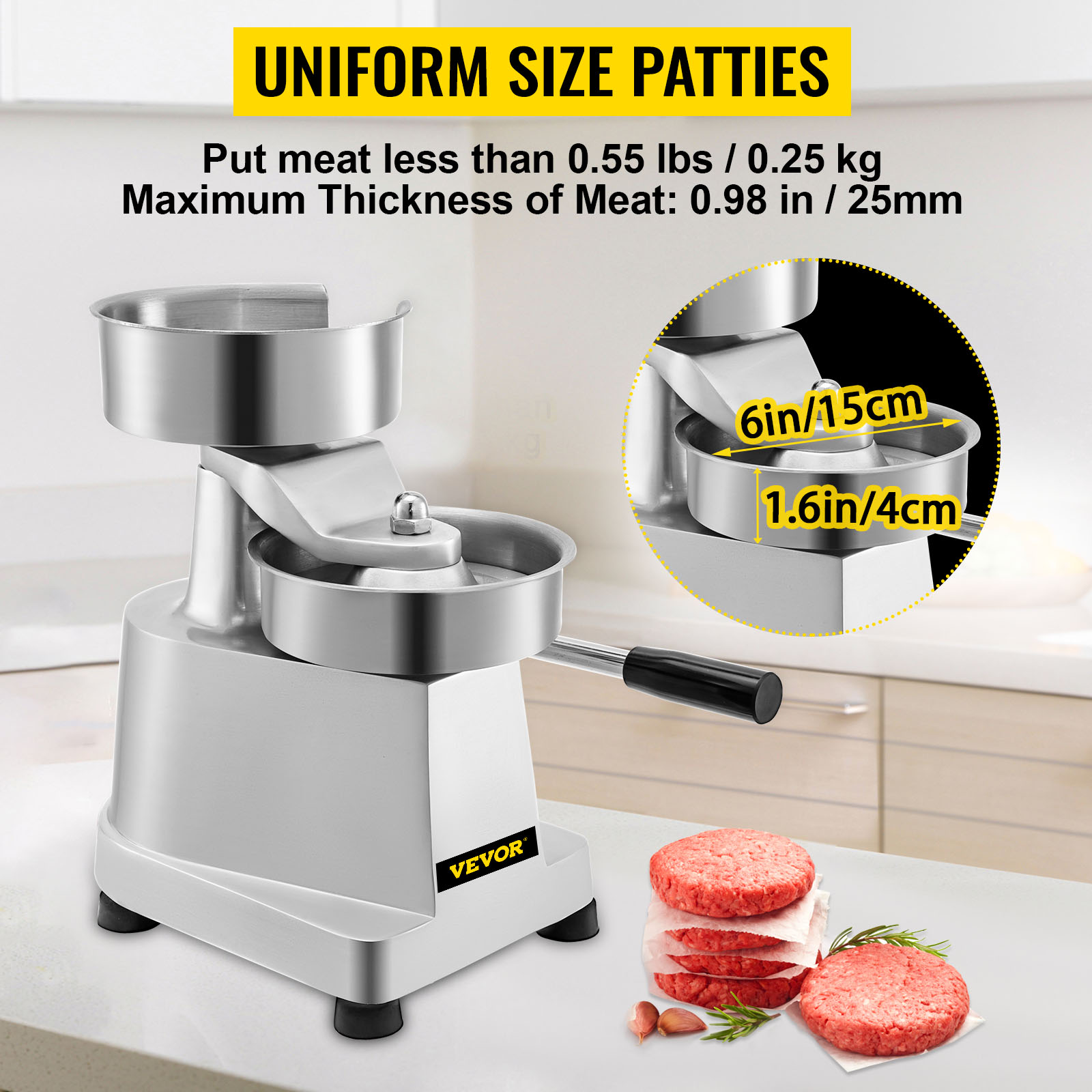 VEVOR burger press creates uniform size patties, 6in/1.6in with max meat thickness 0.98in.