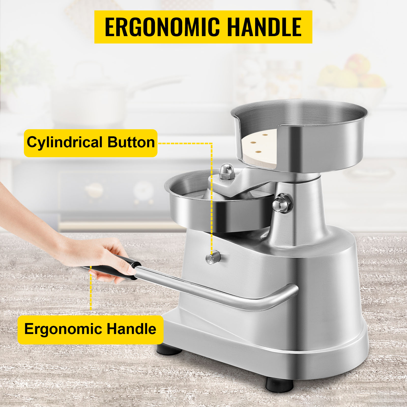 VEVOR burger press with ergonomic handle and cylindrical button on a kitchen counter.