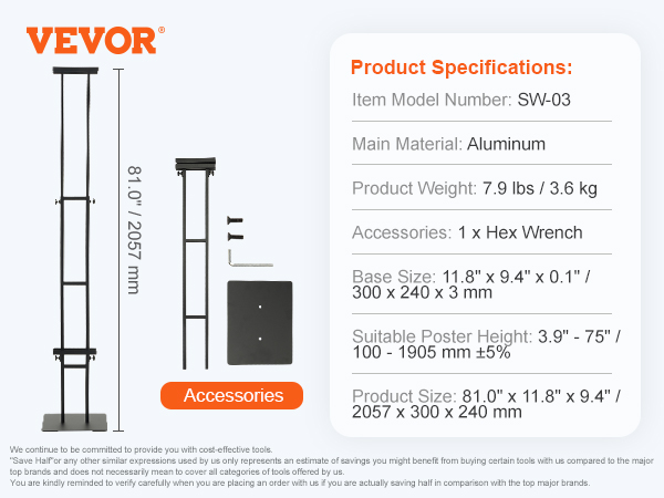 VEVOR poster stand with aluminum frame, adjustable height, hex wrench, 81" tall, 7.9 lbs.