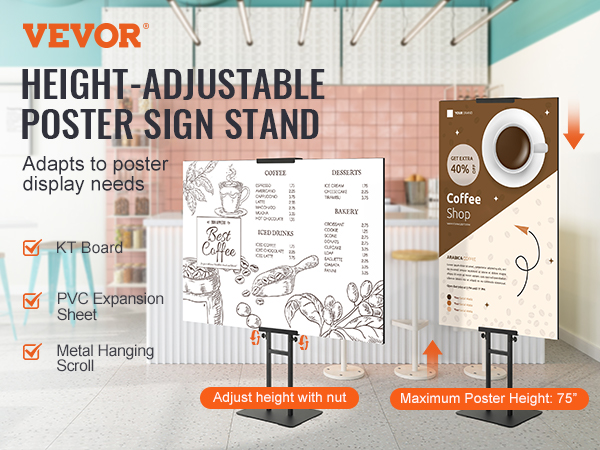 VEVOR poster stand with adjustable height for kt board, pvc expansion sheet, and metal hanging scroll.