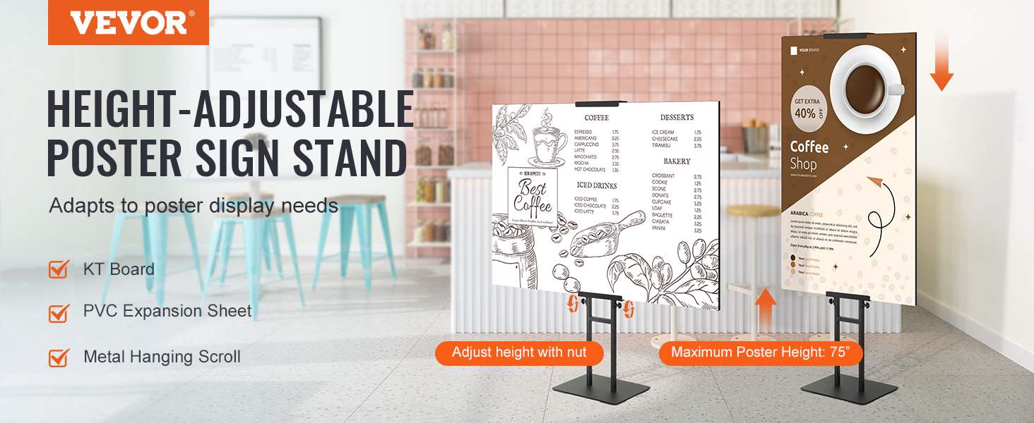 VEVOR poster stand with adjustable height for kt board, pvc expansion sheet, and metal hanging scroll.