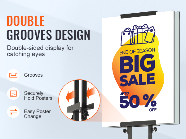 VEVOR poster stand with double grooves design, securely holds posters, easy poster change, big sale poster.