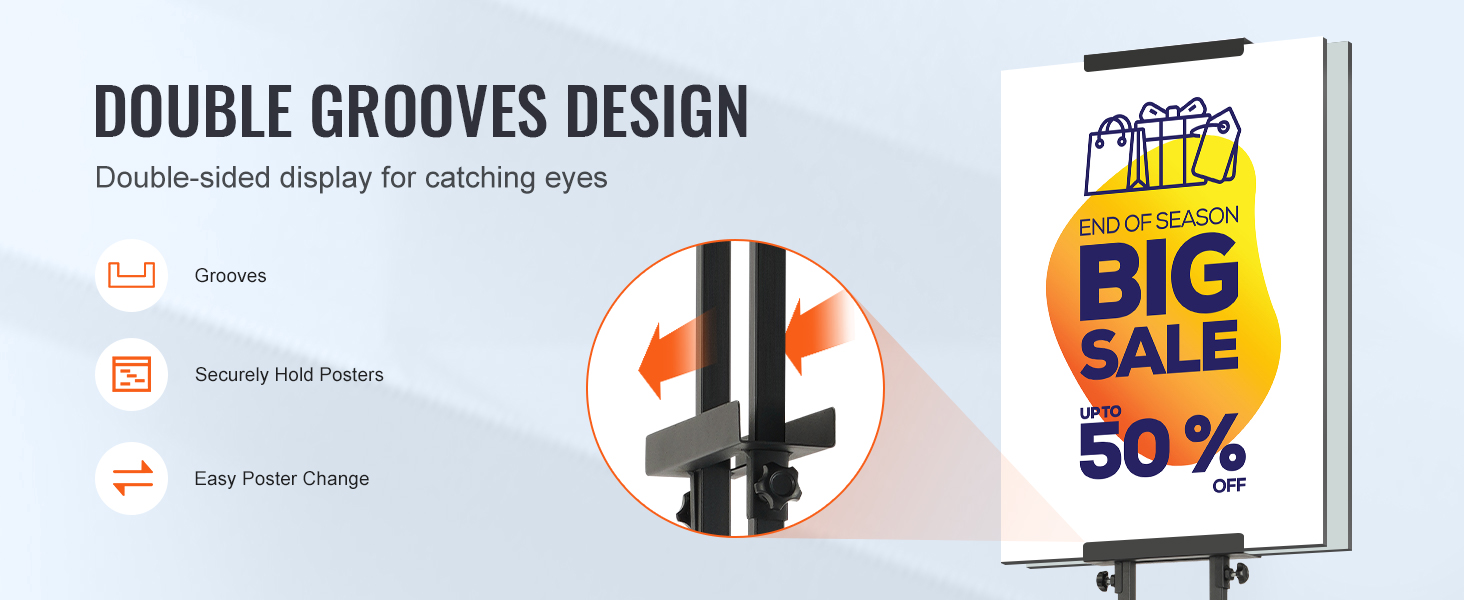 VEVOR poster stand with double grooves design, securely holds posters, easy poster change, big sale poster.