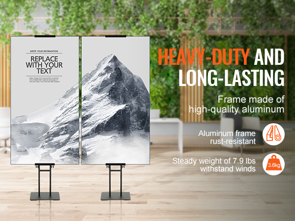 VEVOR poster stand with heavy-duty aluminum frame, suitable for indoor display, rust-resistant and sturdy.