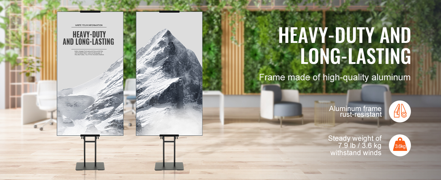VEVOR poster stand with heavy-duty aluminum frame, suitable for indoor display, rust-resistant and sturdy.