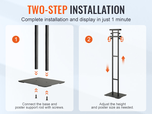two-step installation of VEVOR poster stand, including base connection and height adjustment steps.