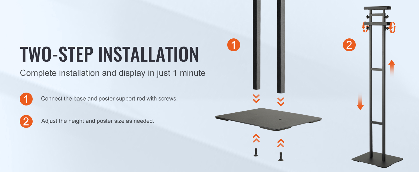 two-step installation of VEVOR poster stand, including base connection and height adjustment steps.