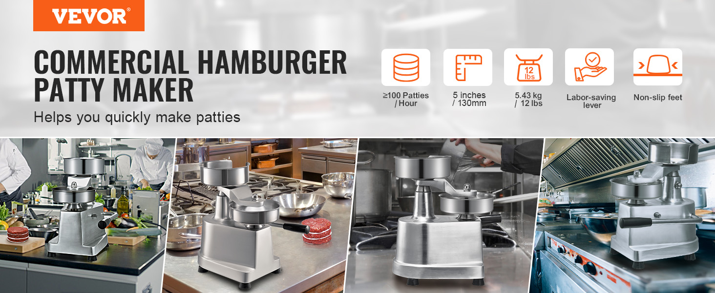 VEVOR burger patty maker in commercial kitchen, producing patties with labor-saving lever and non-slip feet.