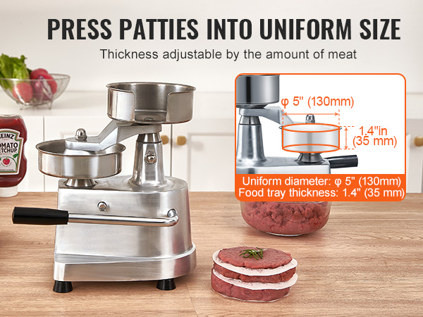 VEVOR burger patty maker with adjustable thickness lever and measurement display on kitchen counter.