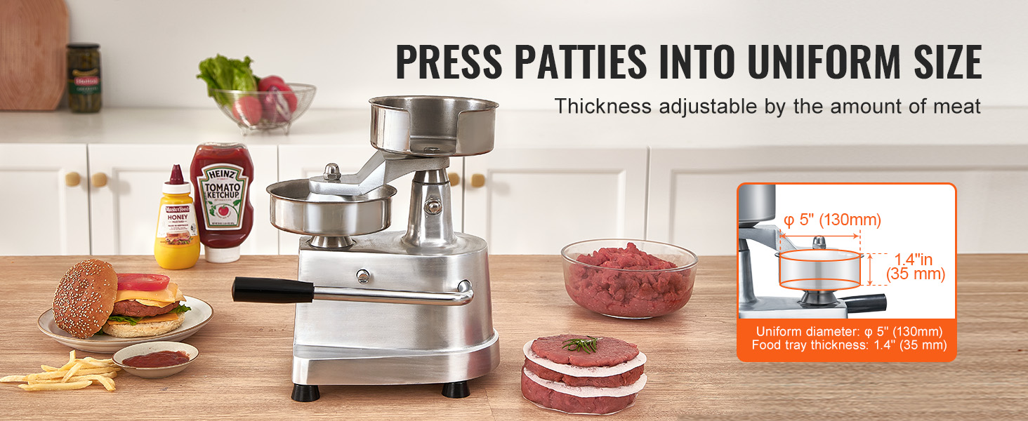 VEVOR burger patty maker with adjustable thickness lever and measurement display on kitchen counter.