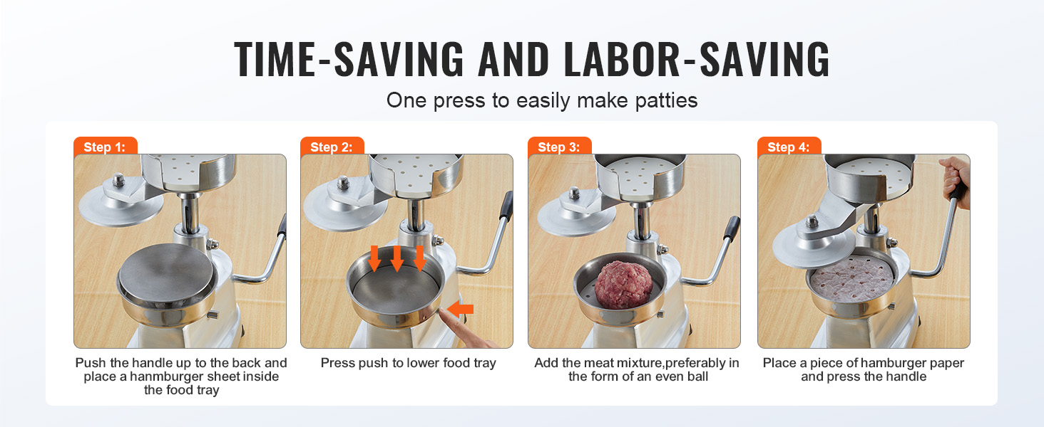steps to use VEVOR burger patty maker: load tray, press down, add meat, add paper, press handle.