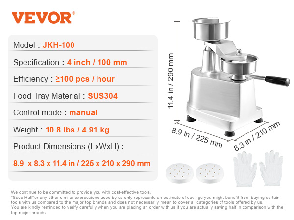 VEVOR burger patty maker jkh-100, 4-inch manual machine, sus304 material, with dimensions and accessories.